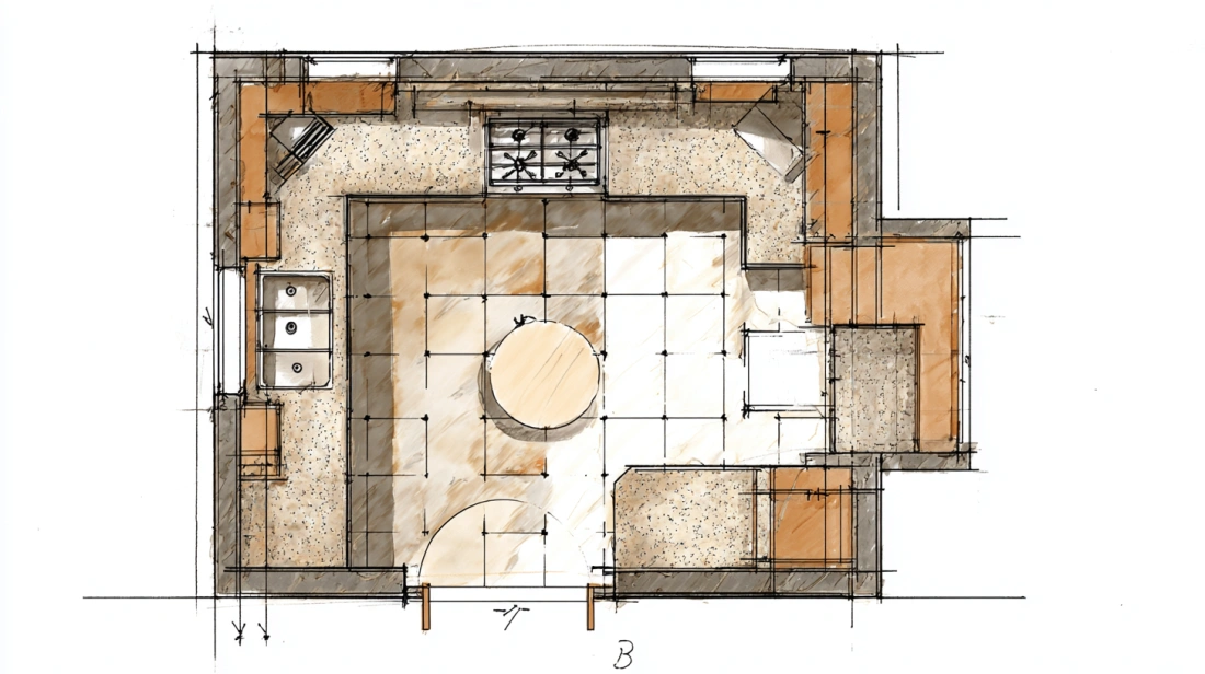 A 2D plan of a L-shaped kitchen.