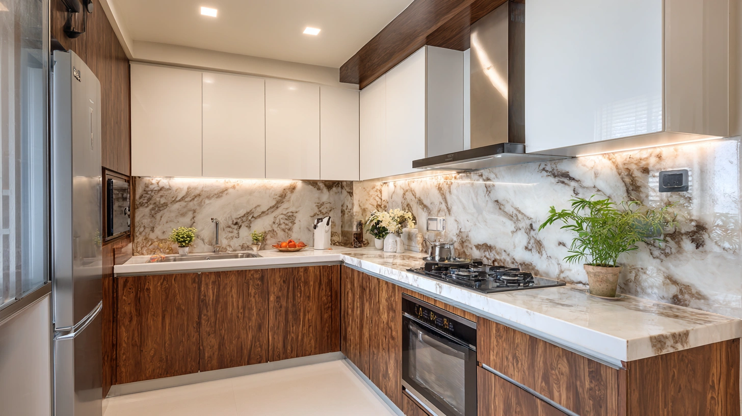 Modern kitchen with hybrid wood and plaster ceiling