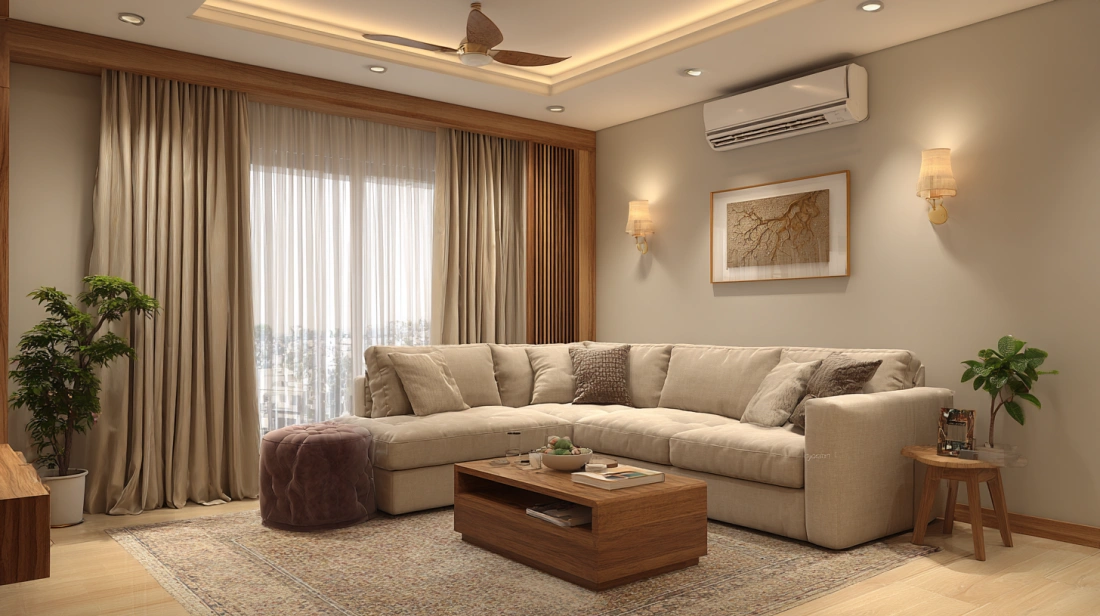 Large sectional sofa under bright window treatments