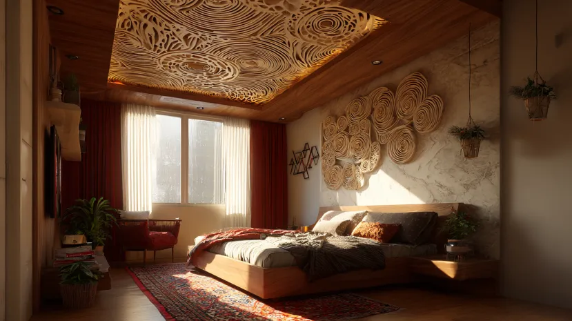 hypnotic style cement pop design with intricate ceiling patterns