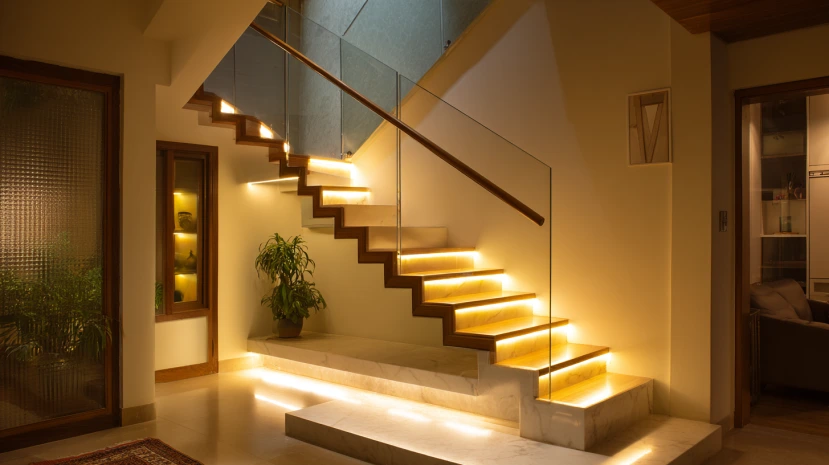 LED lighting integrated into modern stair railing design