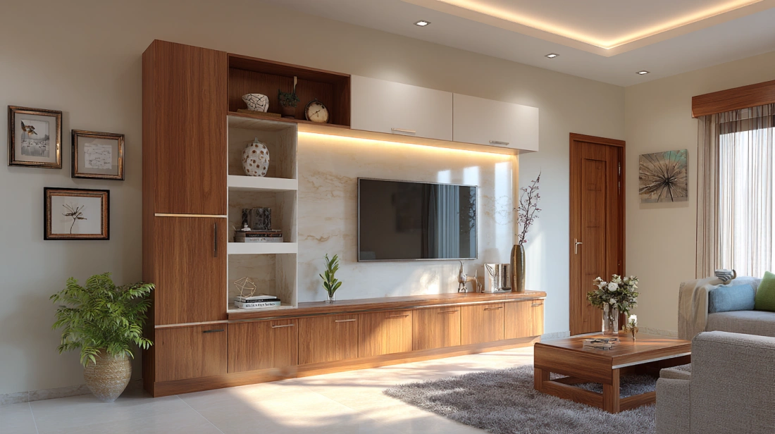 TV unit showing open shelves and closed storage in Indian home