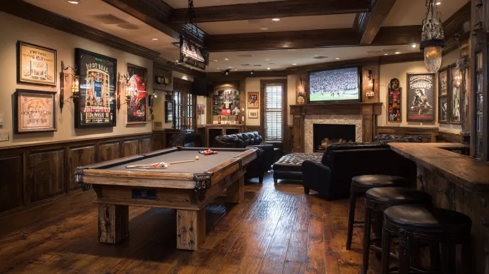 gaming room design with in-house bar, fireplace, and large TV