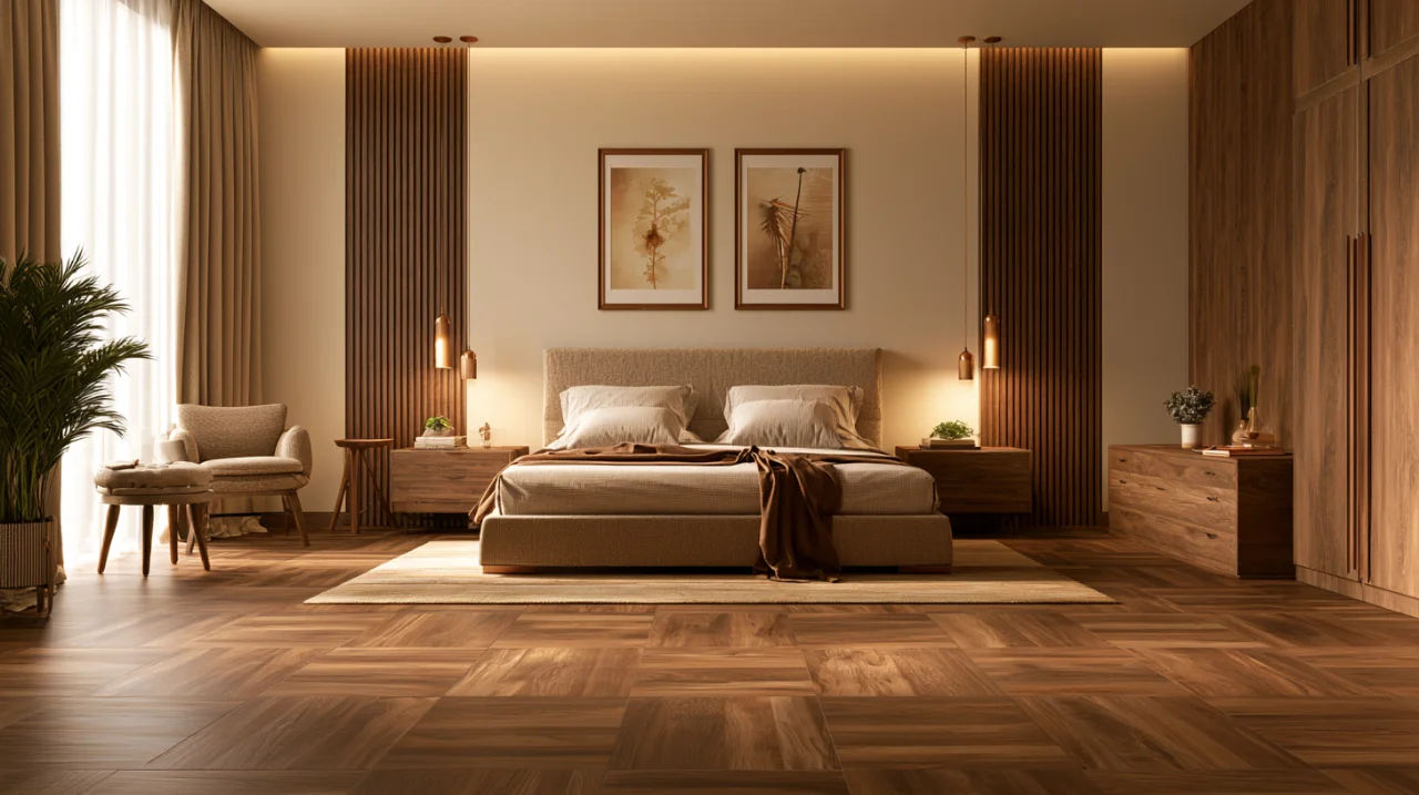 Wood-look ceramic tiles in a modern bedroom