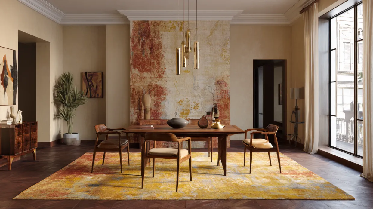 dining room interior with stylish rug adding warmth and texture