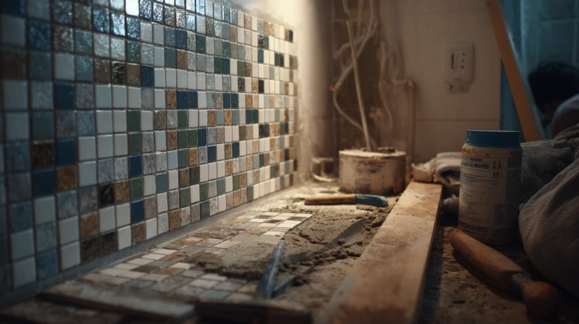 In-progress tiling work for Indian bathroom renovation