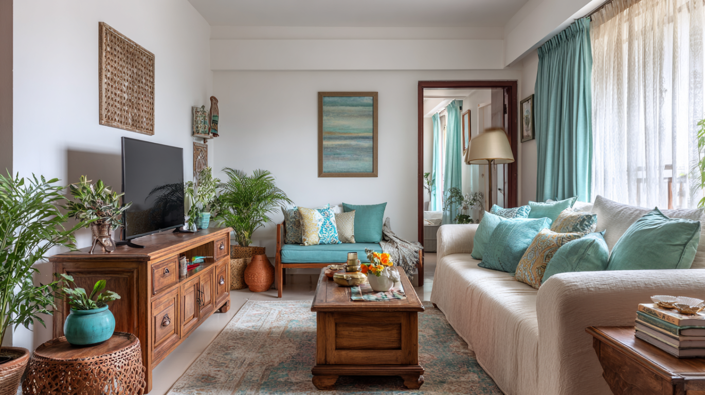 Bright living room with vibrant turquoise pillows