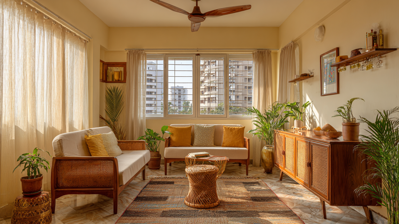 Indian colonial living room with teak furniture