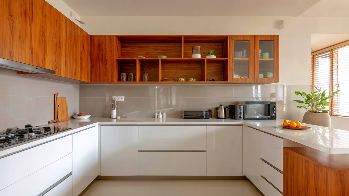Modern Indian kitchen displaying premium glossy acrylic storage