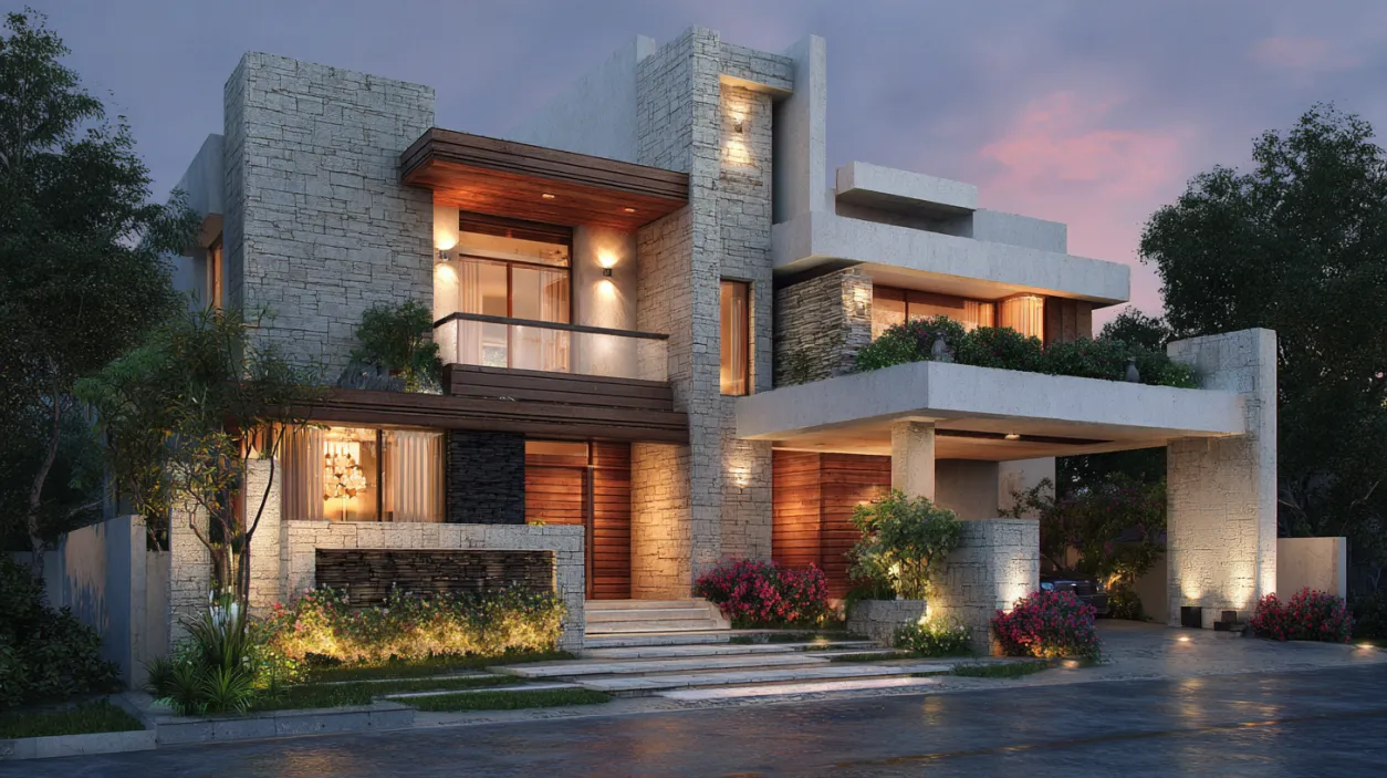 Contemporary Indian villa at dusk