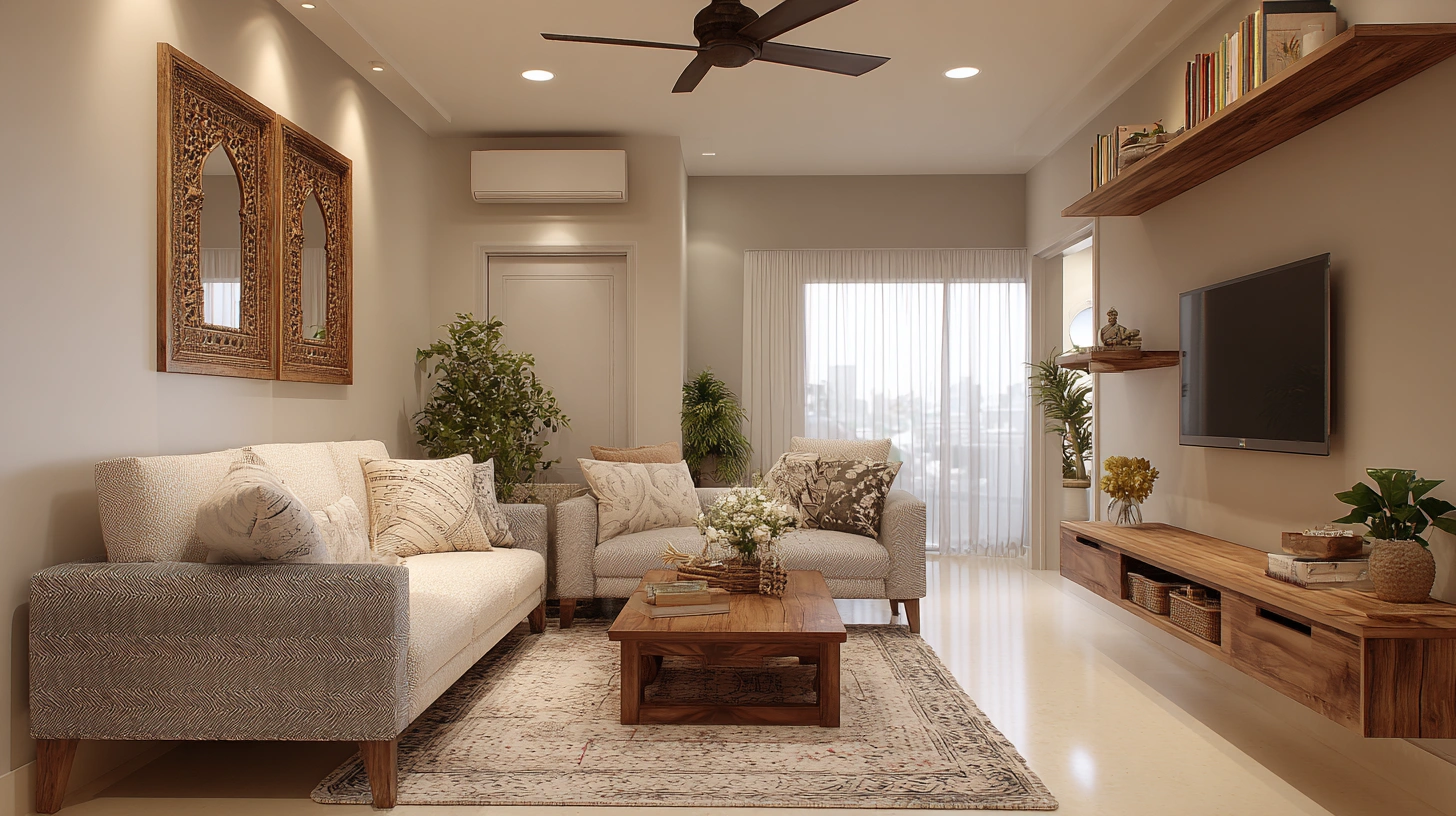 Modern Indian living room with wooden accents
