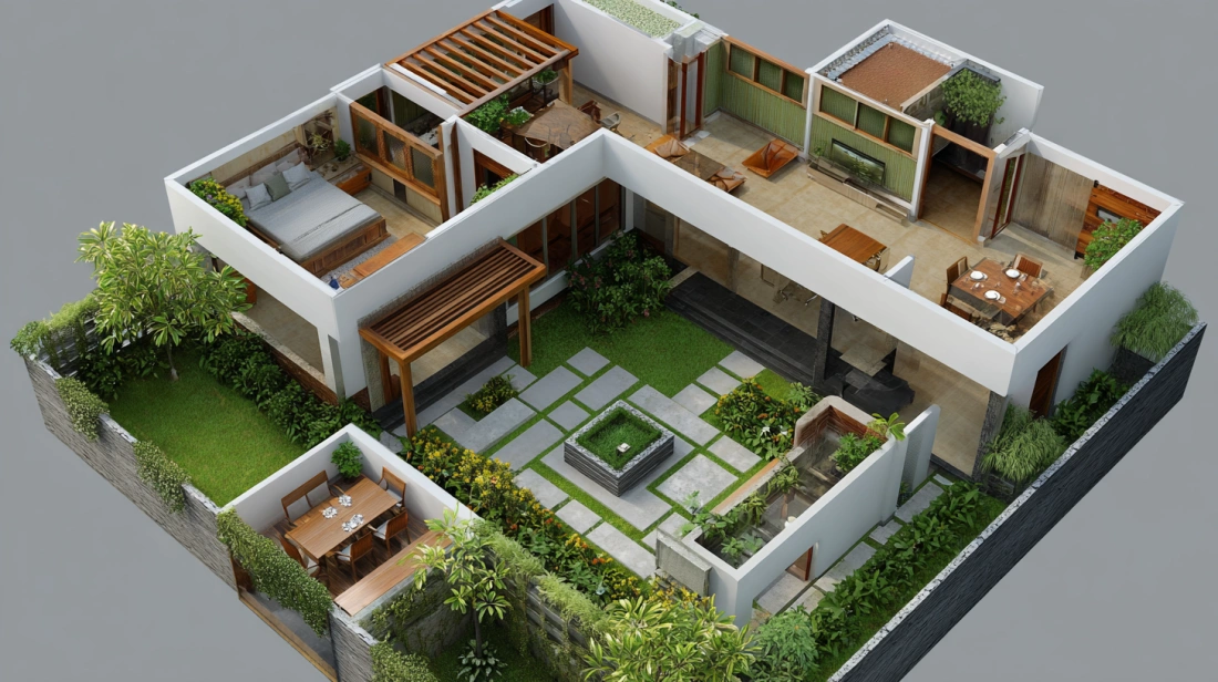 Traditional Indian courtyard with a central Tulsi plant