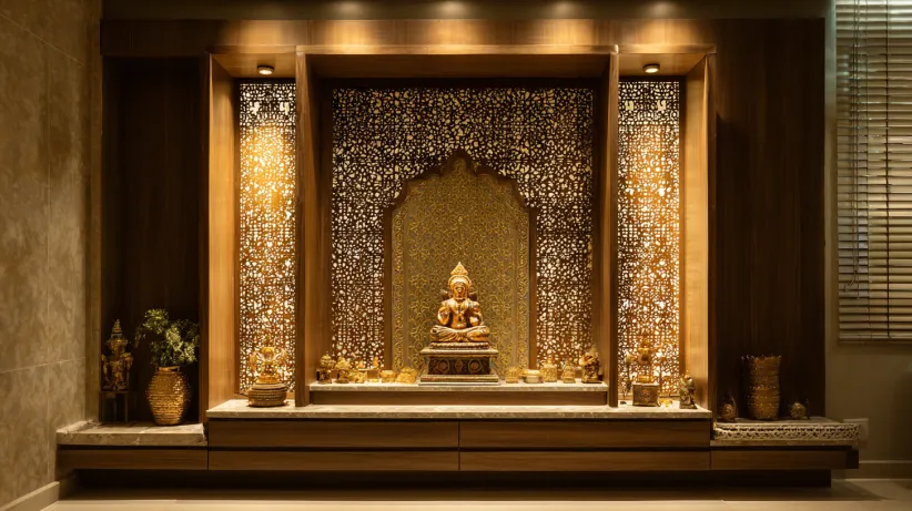 Indian mandir design with intricate jaali work