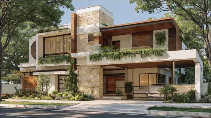 Contemporary Indian villa with stone and glass
