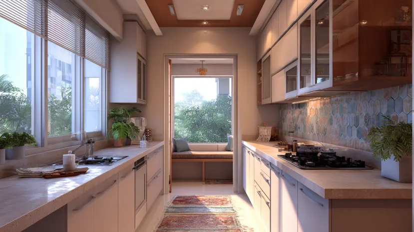 Indian open kitchen entrance design with modern-traditional blend