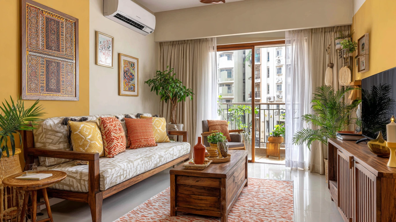 Sofa near balcony in warm yellow room