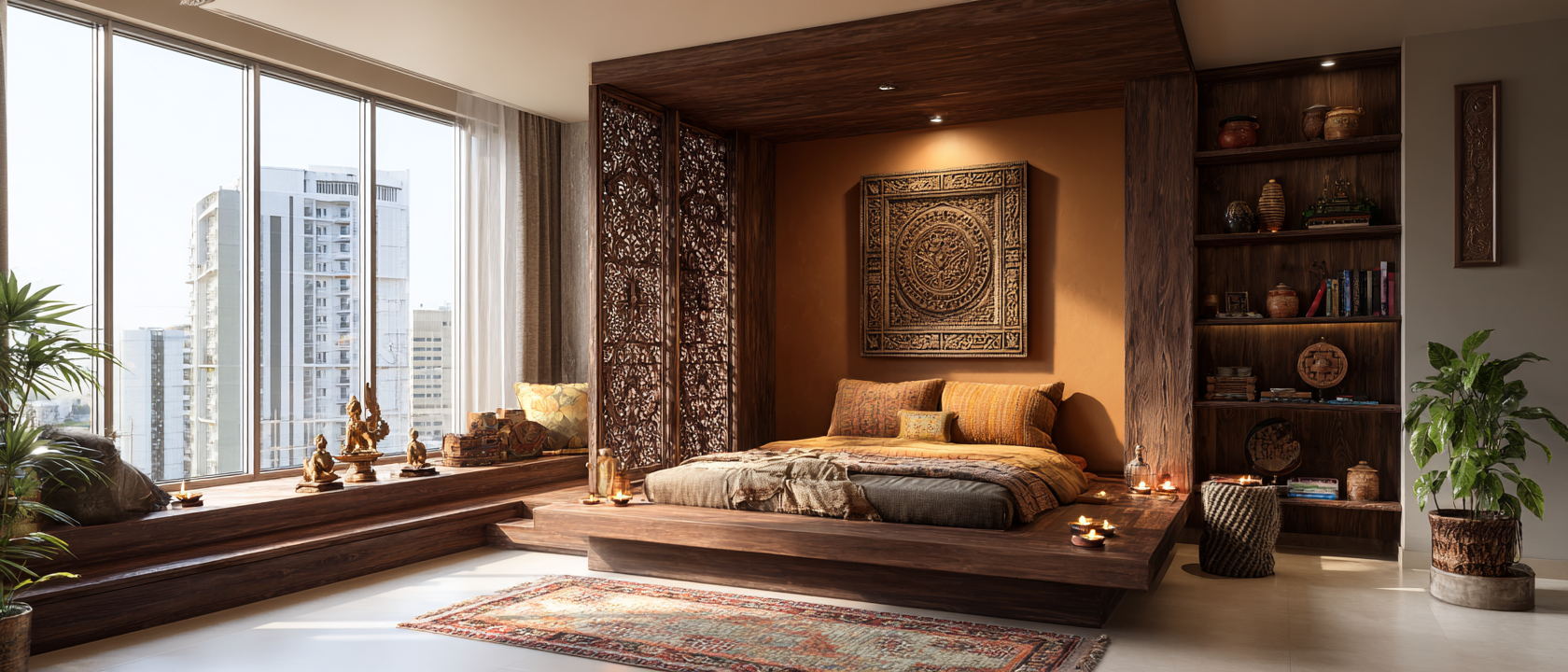 Carved wooden corner shelf for bedroom