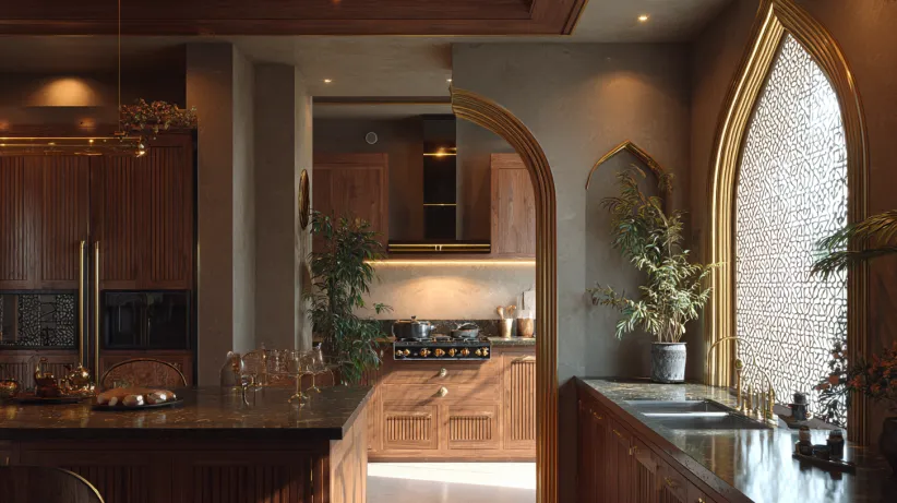 Golden pointed Indian-style arch in a dark wood luxury kitchen