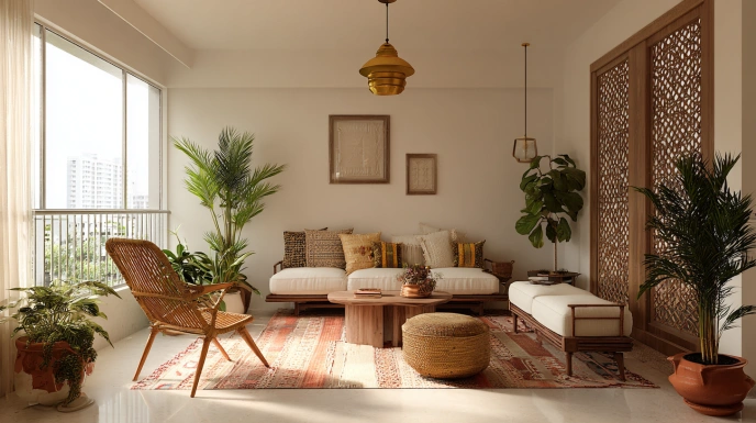 Indian Scandinavian living room with craft accents