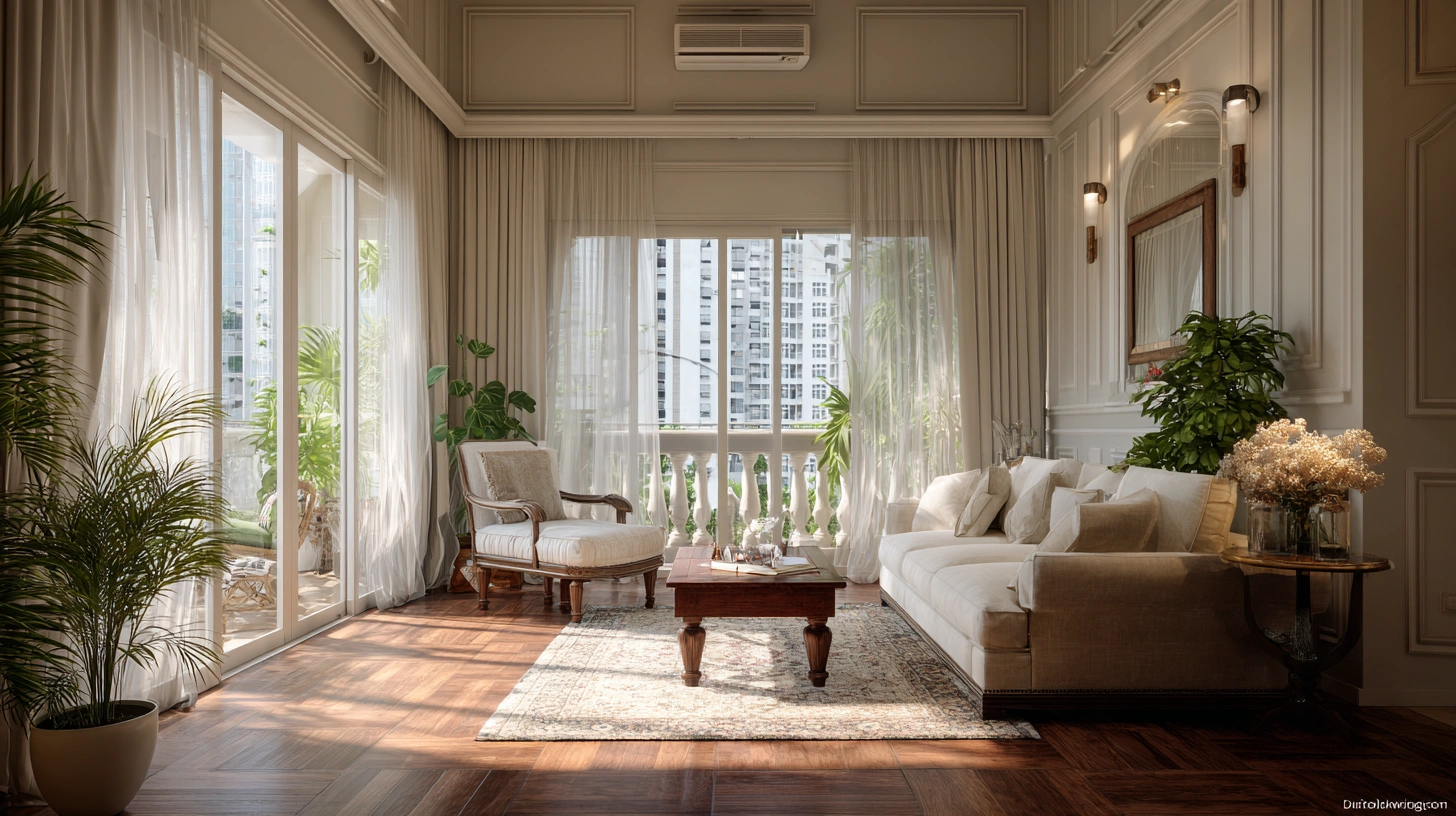 Sliding French glass doors opening to balcony with sheer curtains