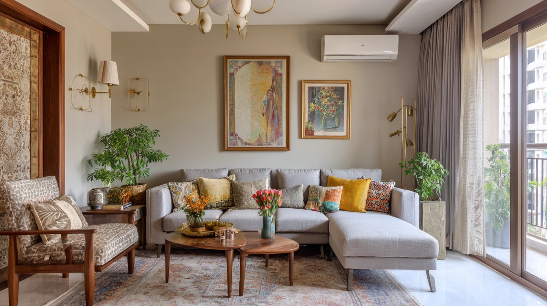 Indo modern living room blending contemporary and traditional