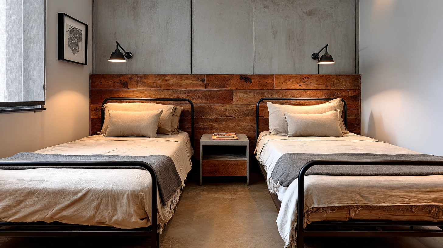 Two industrial single beds parallel in small modern bedroom