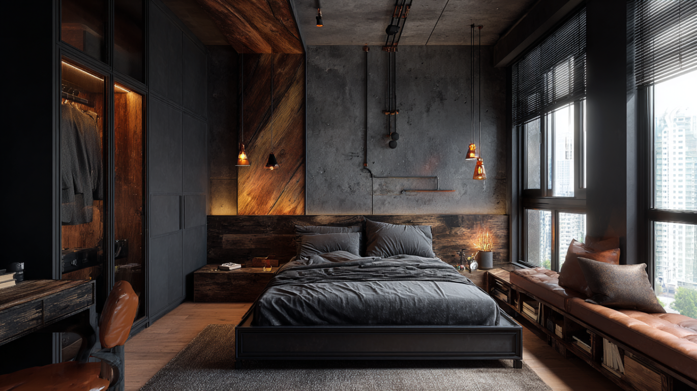 Industrial chic bedroom interior
