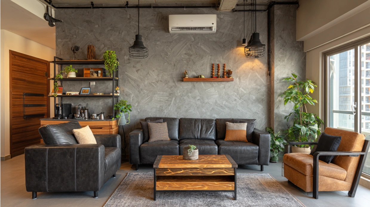 Industrial chic living room with concrete wall