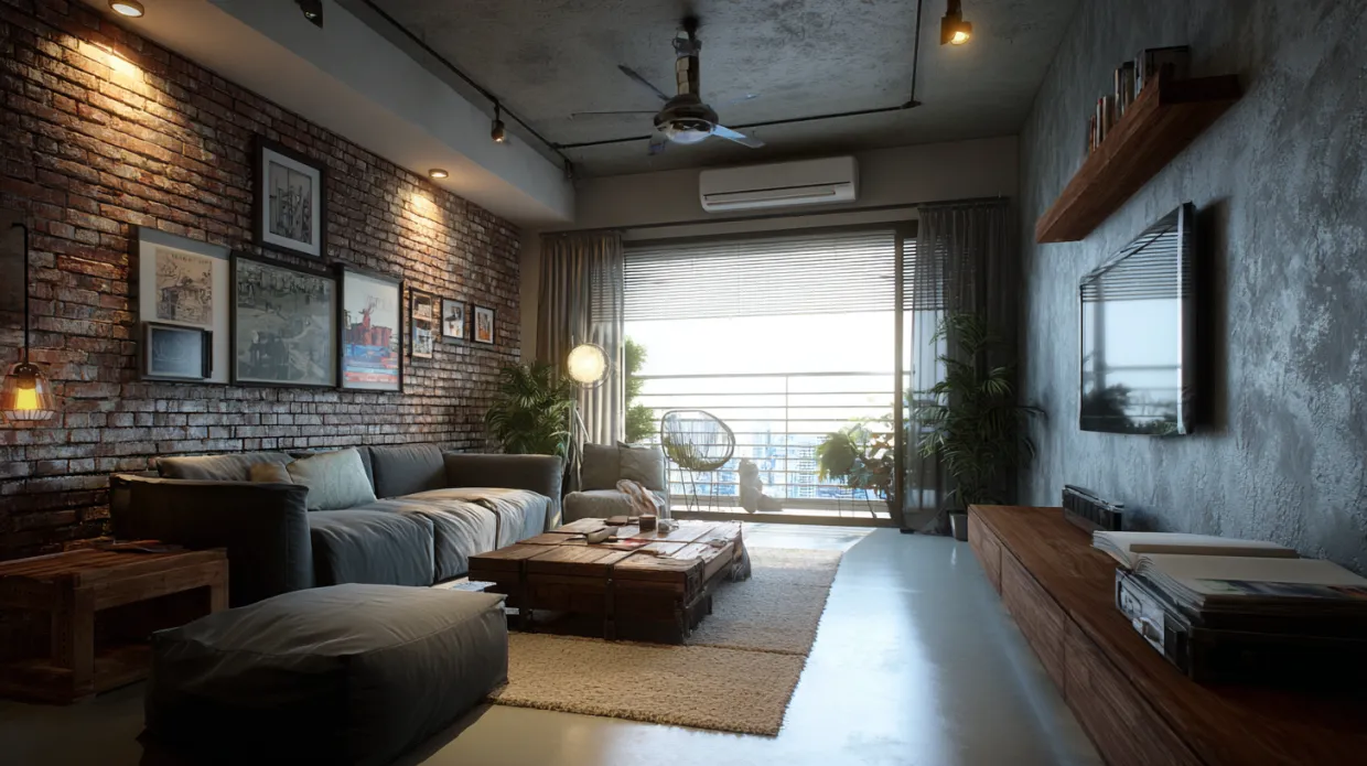 industrial style living room with exposed brick wall, grey sofa, and wooden coffee table