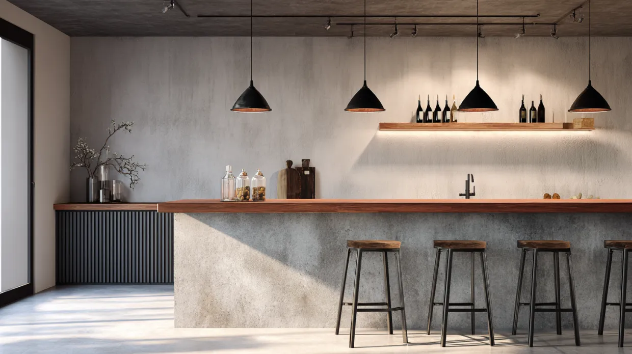 industrial home bar design with concrete, metal, and pendant lighting