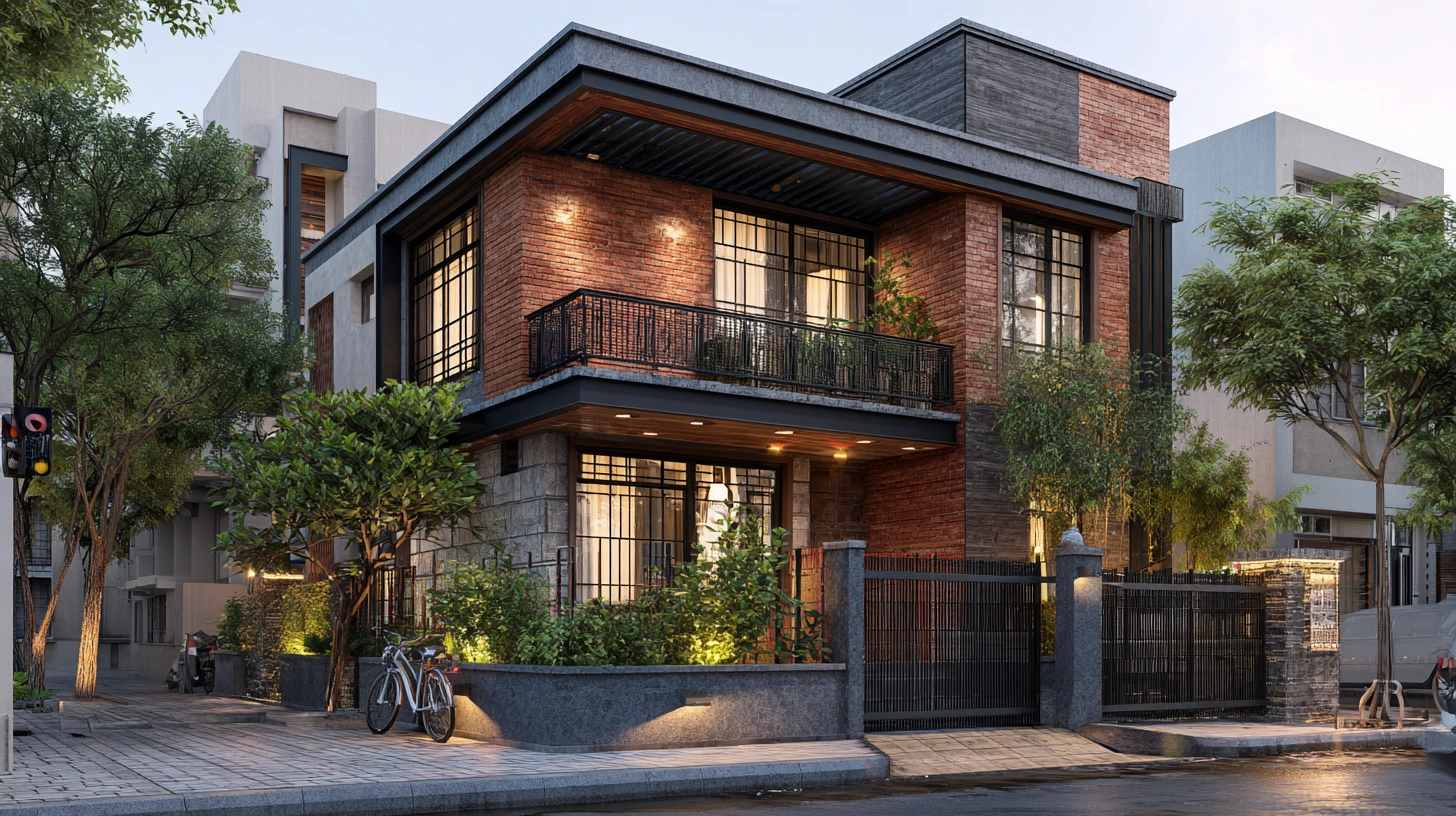 Exposed brick style two-floor home with black railing