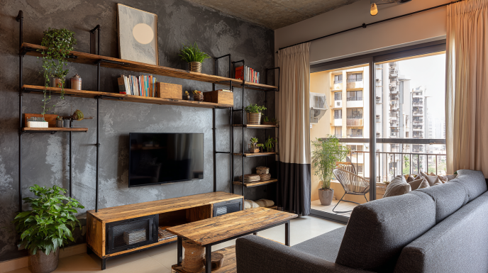 Industrial living room with pipe shelving units