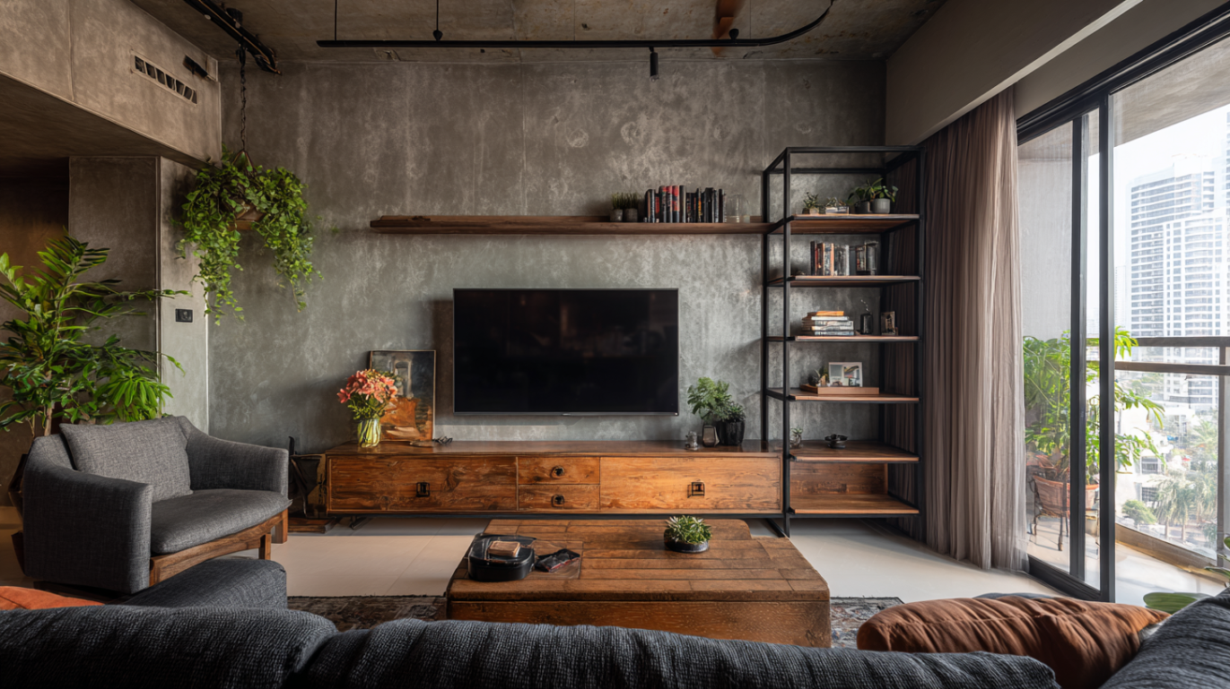 Industrial living room with concrete feature wall