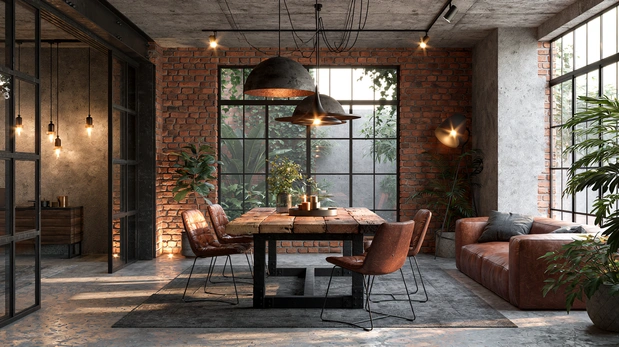 Industrial luxury dining room with reclaimed wood table.