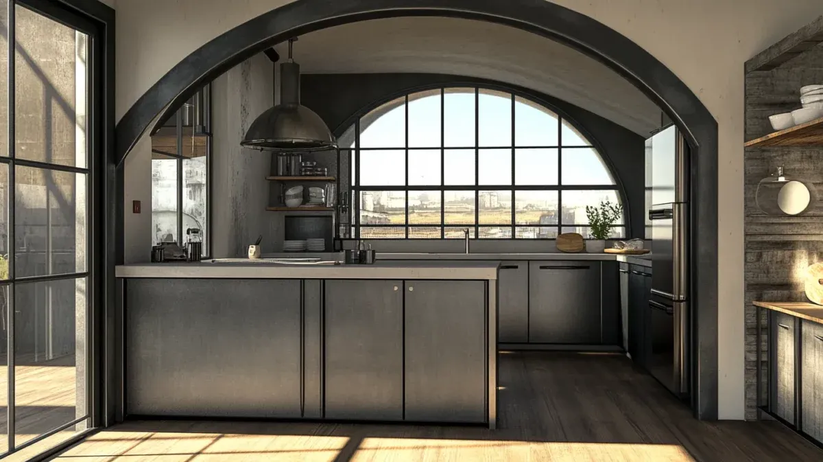 Industrial black metal arch framing a modern kitchen window