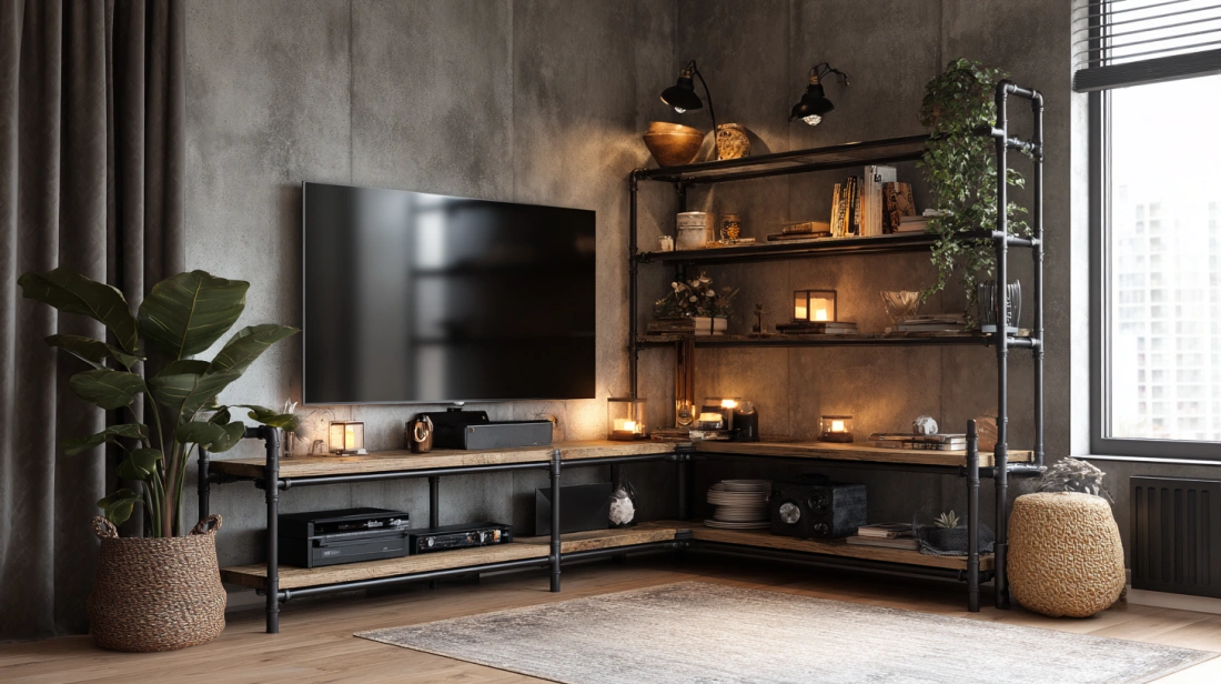 Industrial corner TV unit with metal and wood mix