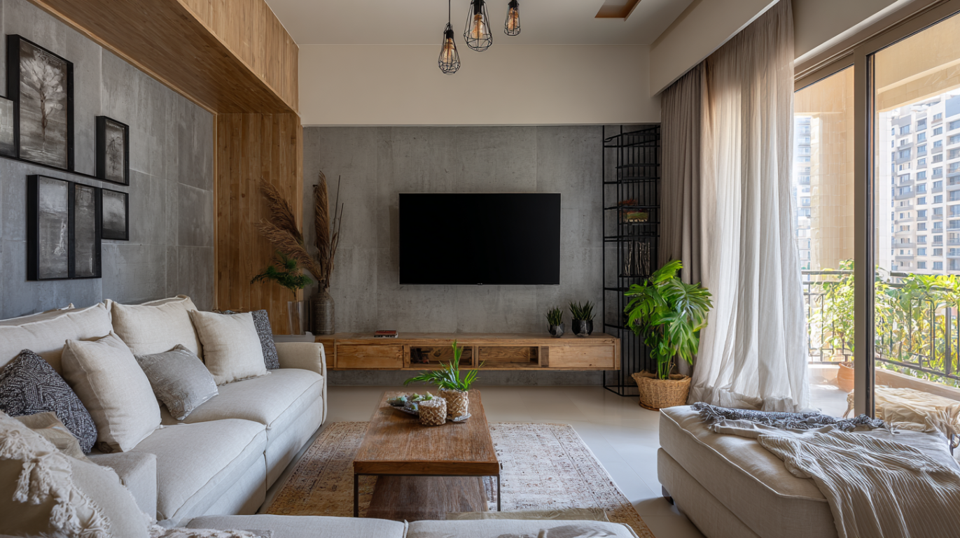 Scandinavian industrial living room with oak accents