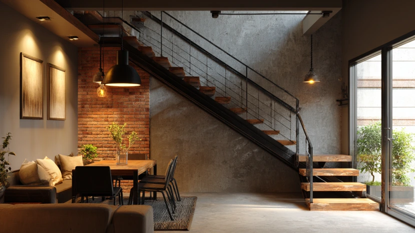 industrial metal finish featured in modern stair railing design