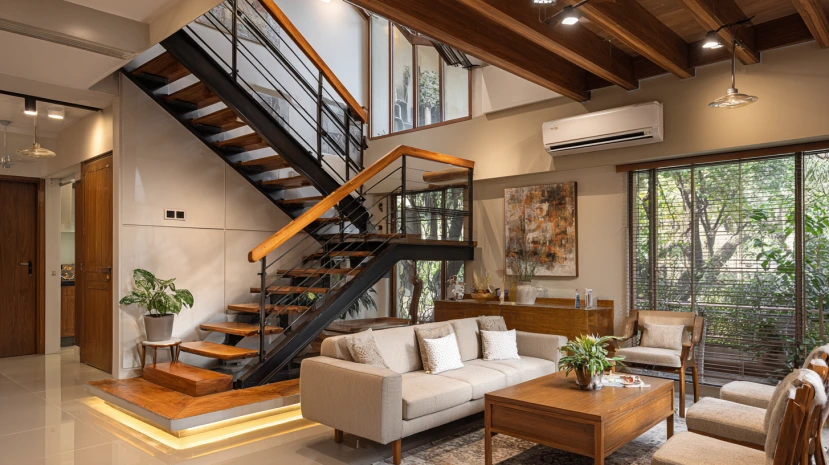 industrial steel frame in bold stair railing design