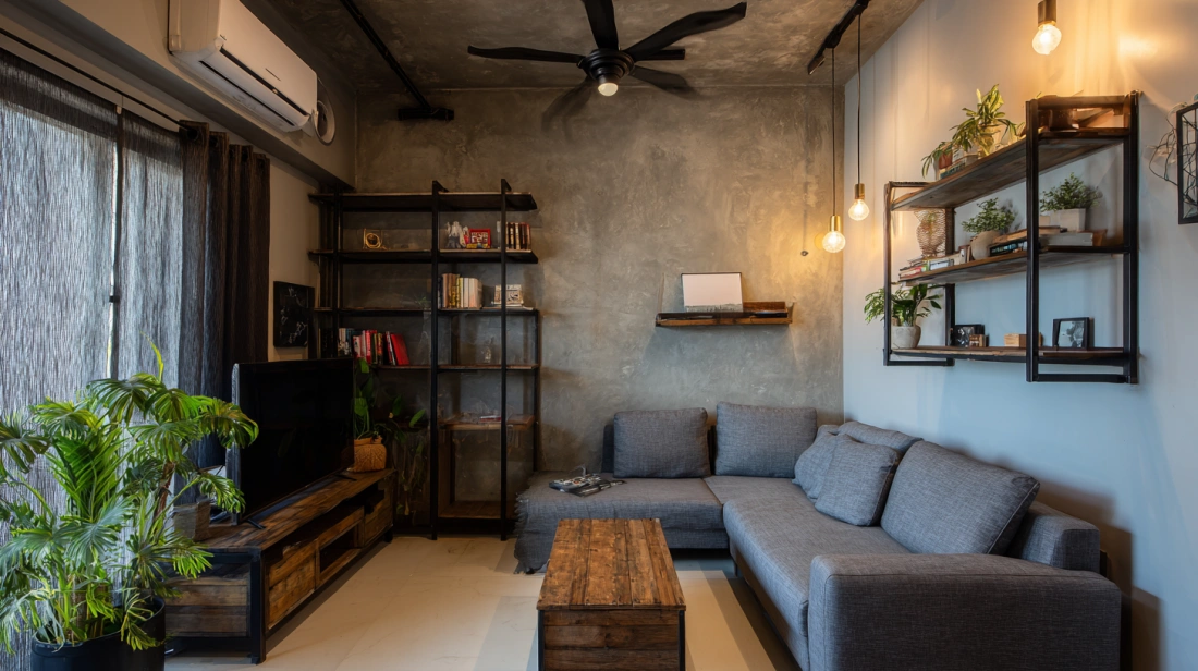 Industrial style apartment lounge with concrete feature wall