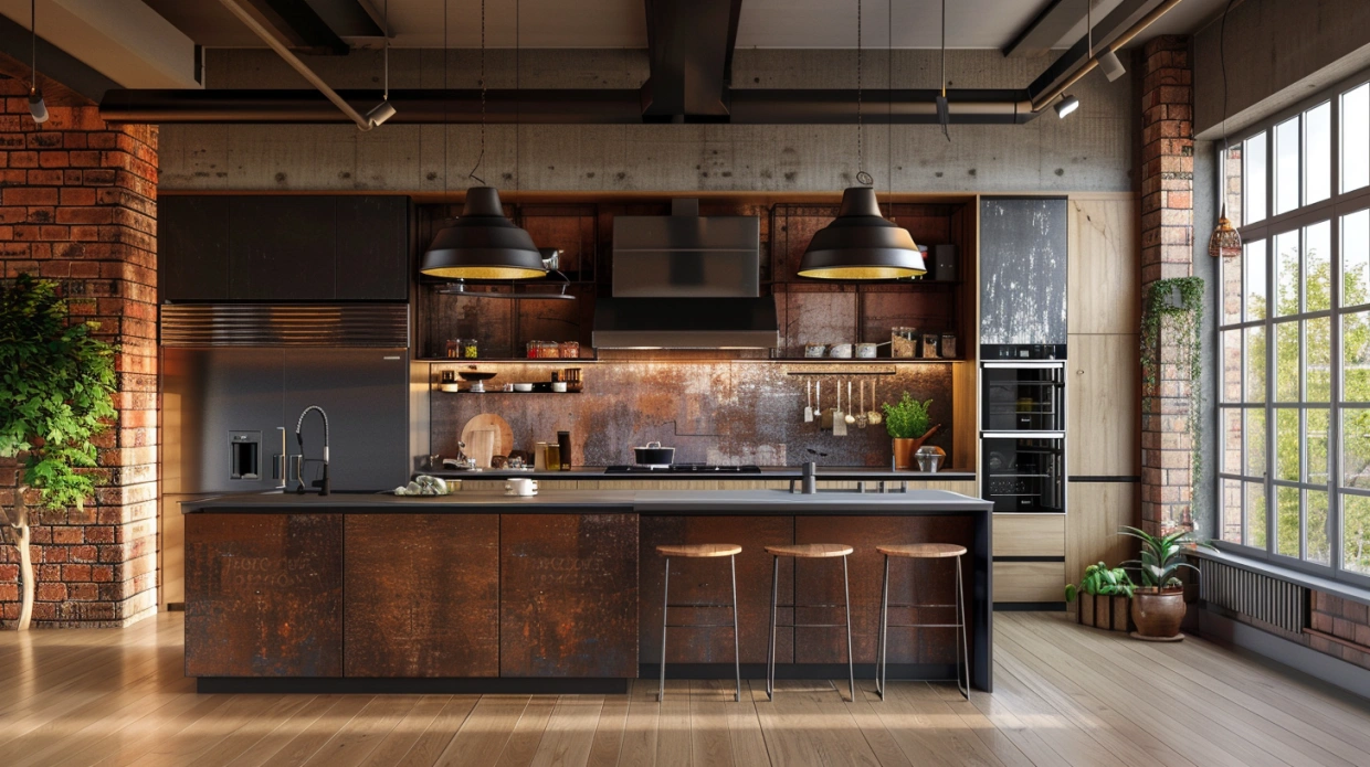 Industrial Indian kitchen with brick wall and metal finishes