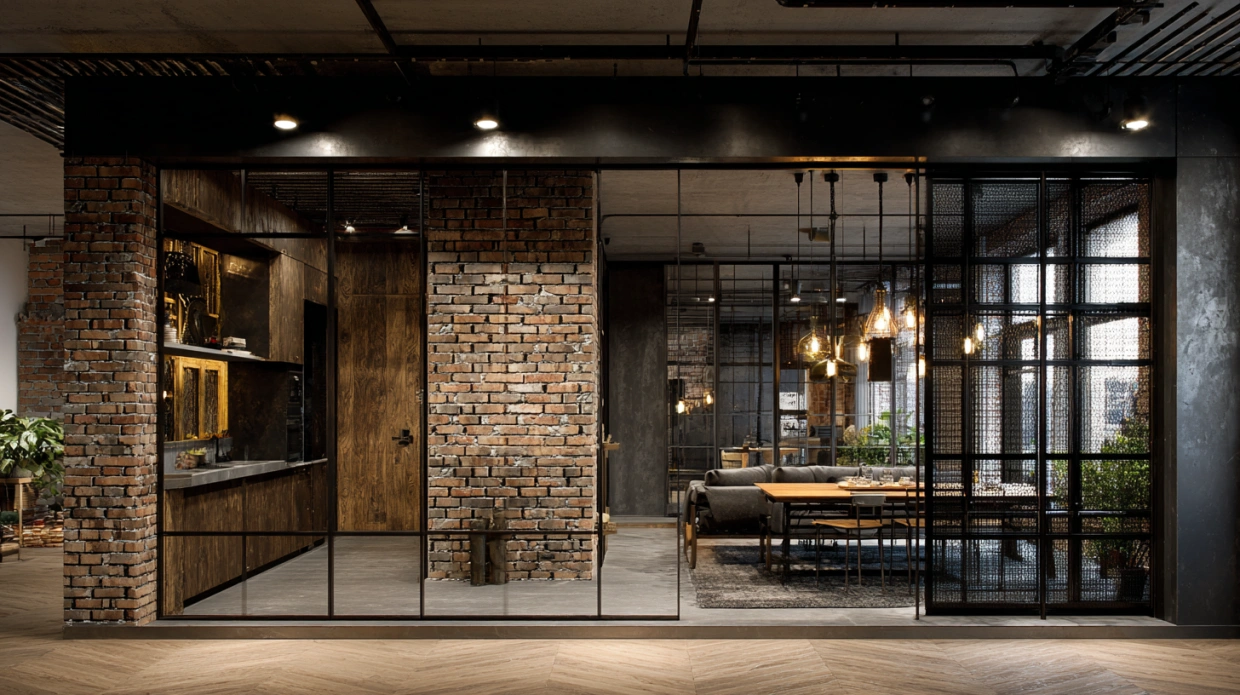Industrial partition with metal frame and wood panels