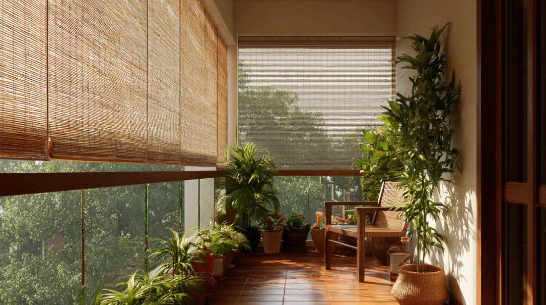 Bamboo outdoor blinds partially lowered on a private balcony