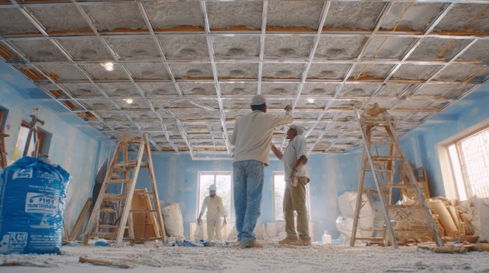 Workers installing POP ceiling framework