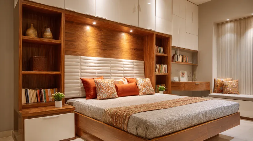 Integrated bed storage with wooden bookshelves and white headboard