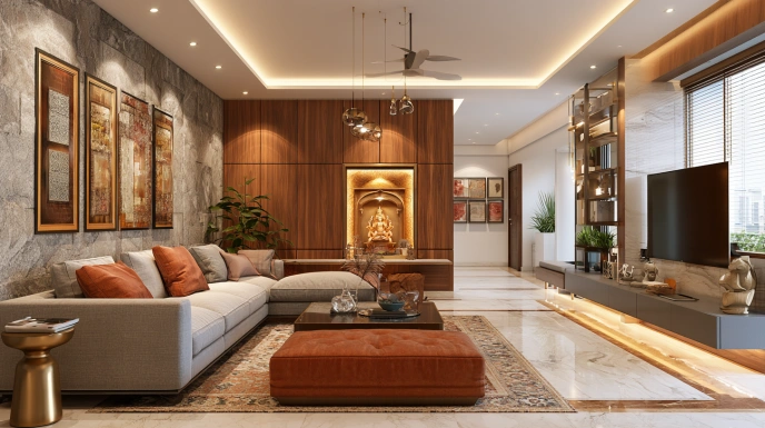 Integrated corner pooja unit within a TV wall