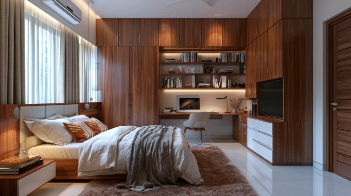 Integrated wardrobe and study table in modern bedroom