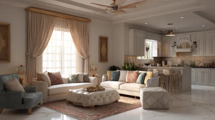 Formal white living room with tufted ottoman and rug.