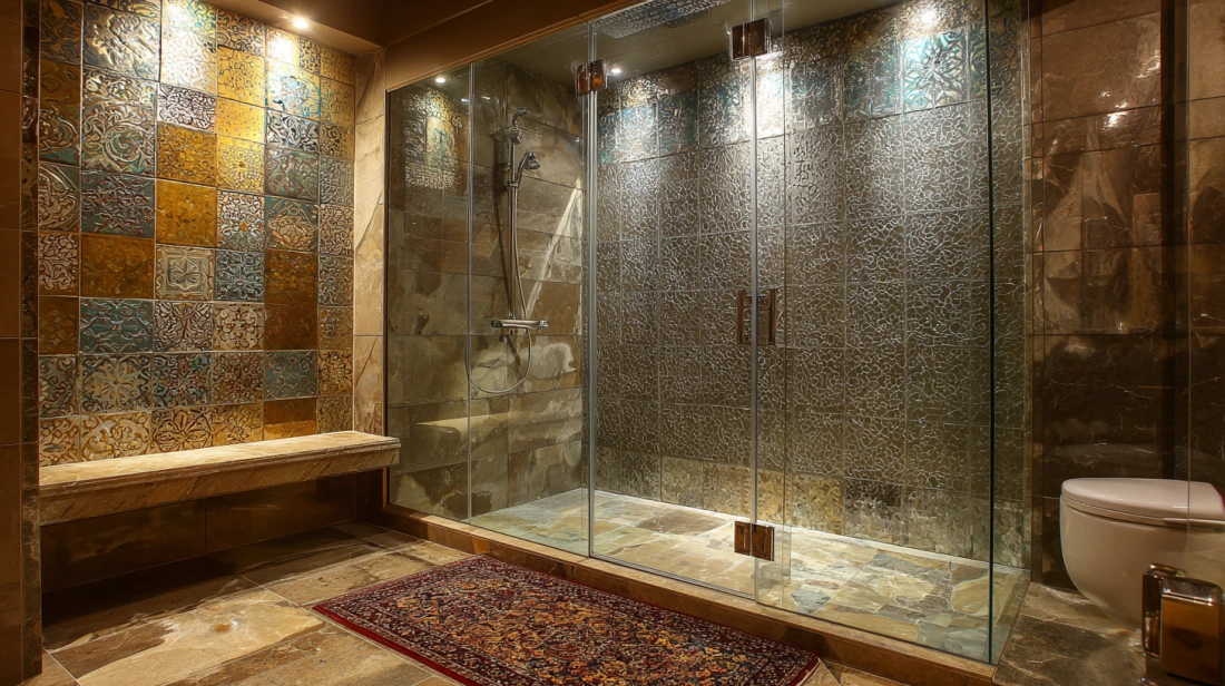 Luxury stone shower interior visible through clear glass