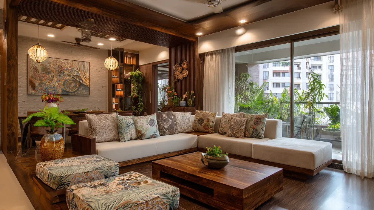 Modern living room with warm wood and neutral colors